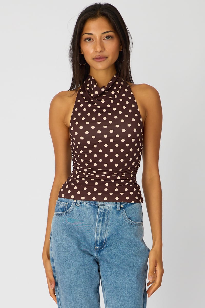 Ally Fashion Brown Polka Dot Supersoft Halter Neck Top - Image 2