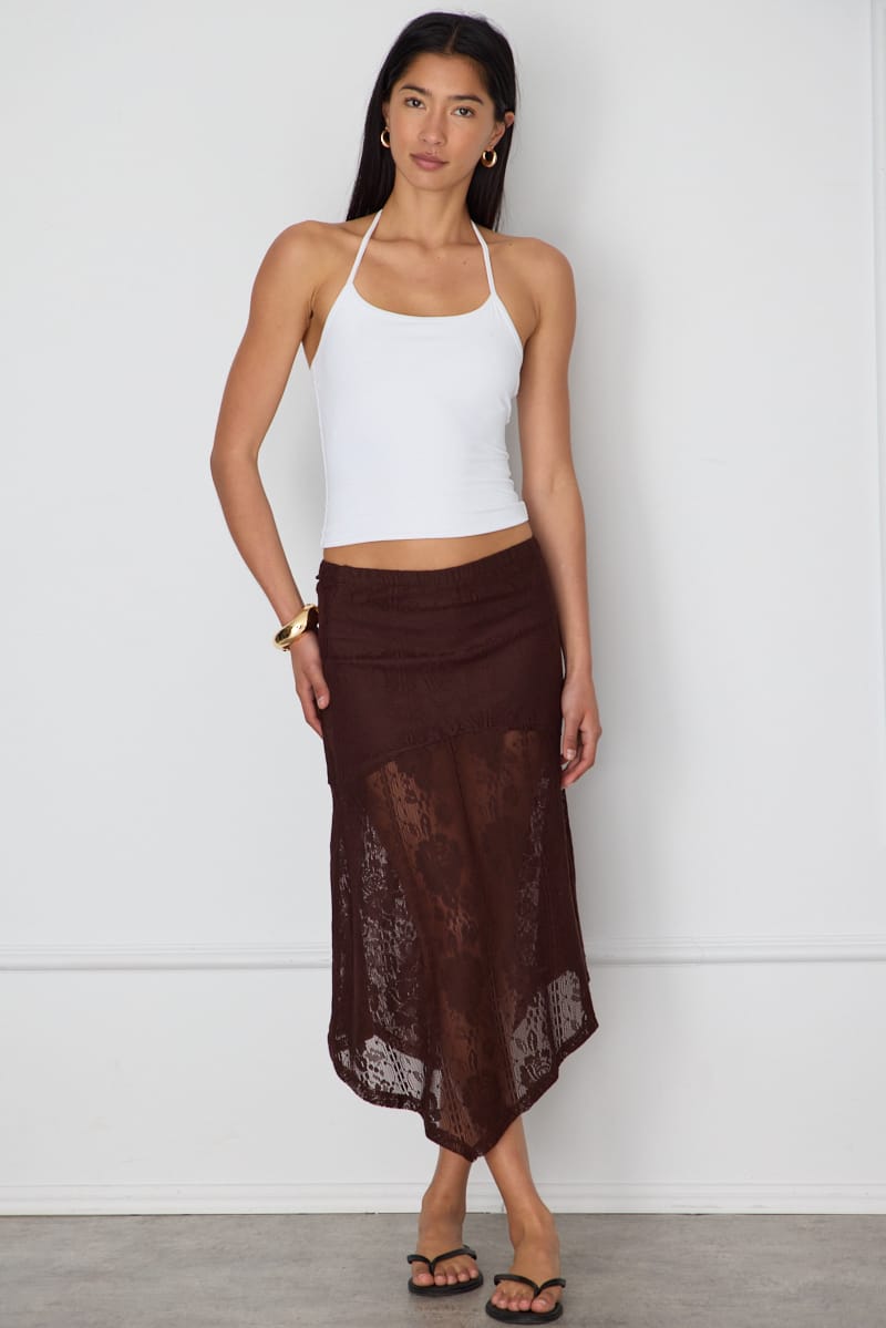 Ally Fashion Brown Scarf Hem Midi Skirt Elastic Waist Lace - Image 3