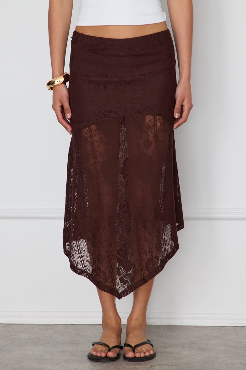 Ally Fashion Brown Scarf Hem Midi Skirt Elastic Waist Lace - Image 2
