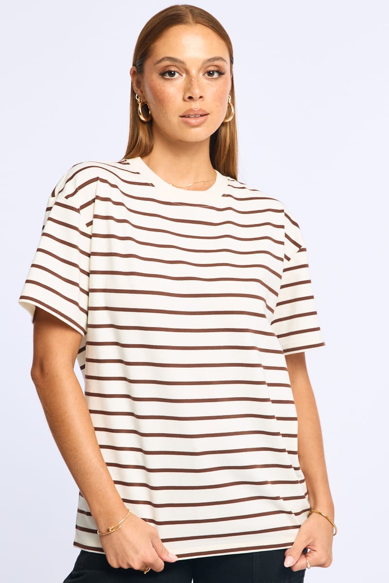 Ally Fashion Brown Stripe Oversized Tee Short Sleeve - Image 2