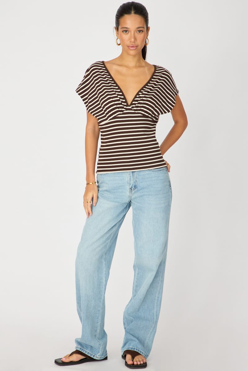 Ally Fashion Brown Stripe Short Sleeve V-neck Top - Image 3