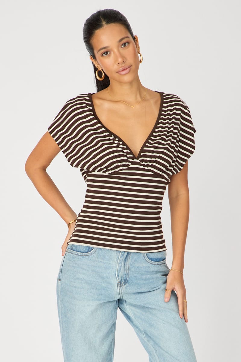 Ally Fashion Brown Stripe Short Sleeve V-neck Top - Image 2