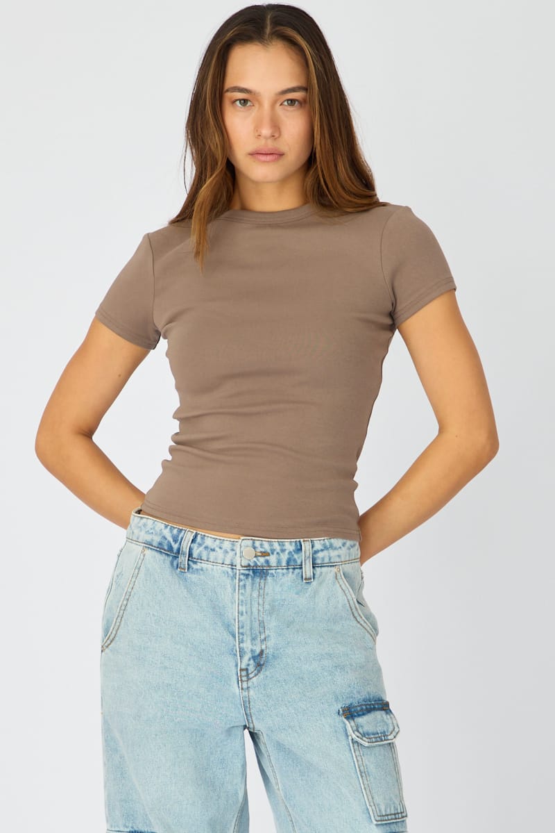 Ally Fashion Brown T-shirt Short Sleeve Crew Neck - Image 3