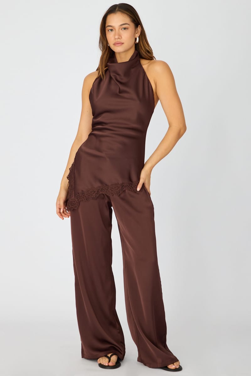 Ally Fashion Brown Wide Leg Pants Elasticated Waist Satin - Image 3