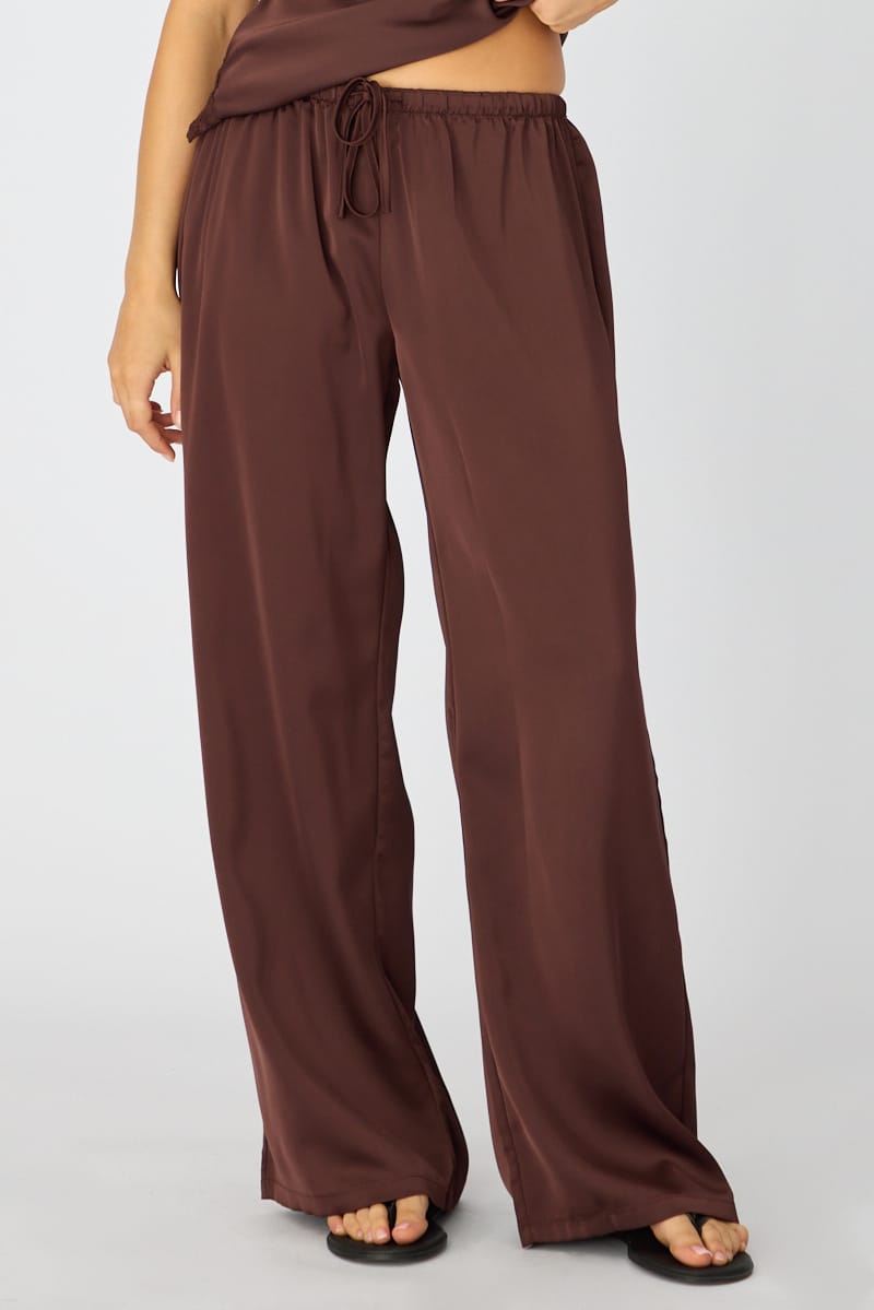 Ally Fashion Brown Wide Leg Pants Elasticated Waist Satin - Image 2