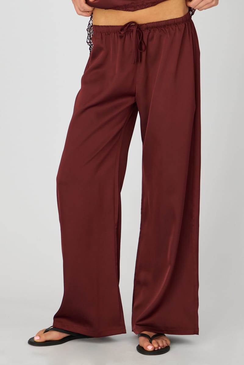 Ally Fashion Burgundy Wide Leg Pants Elasticated Waist Satin - Image 3