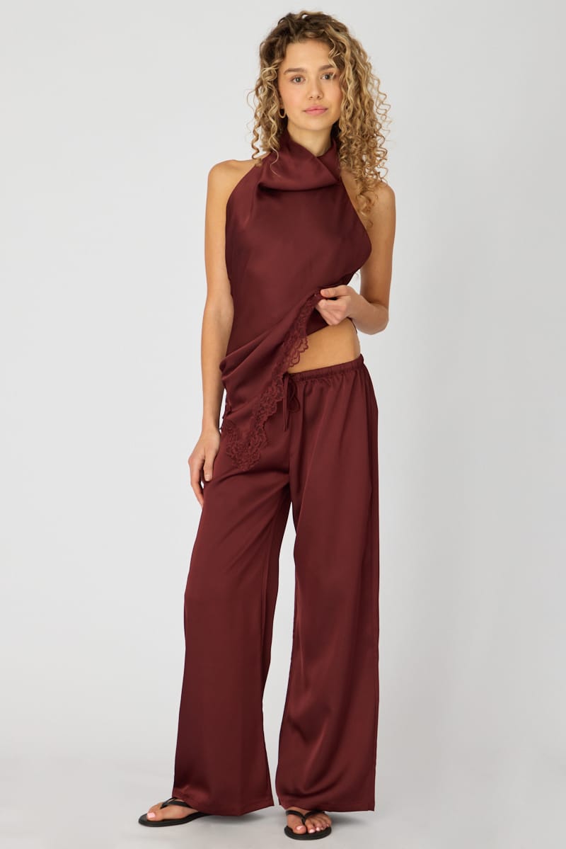 Ally Fashion Burgundy Wide Leg Pants Elasticated Waist Satin - Image 2
