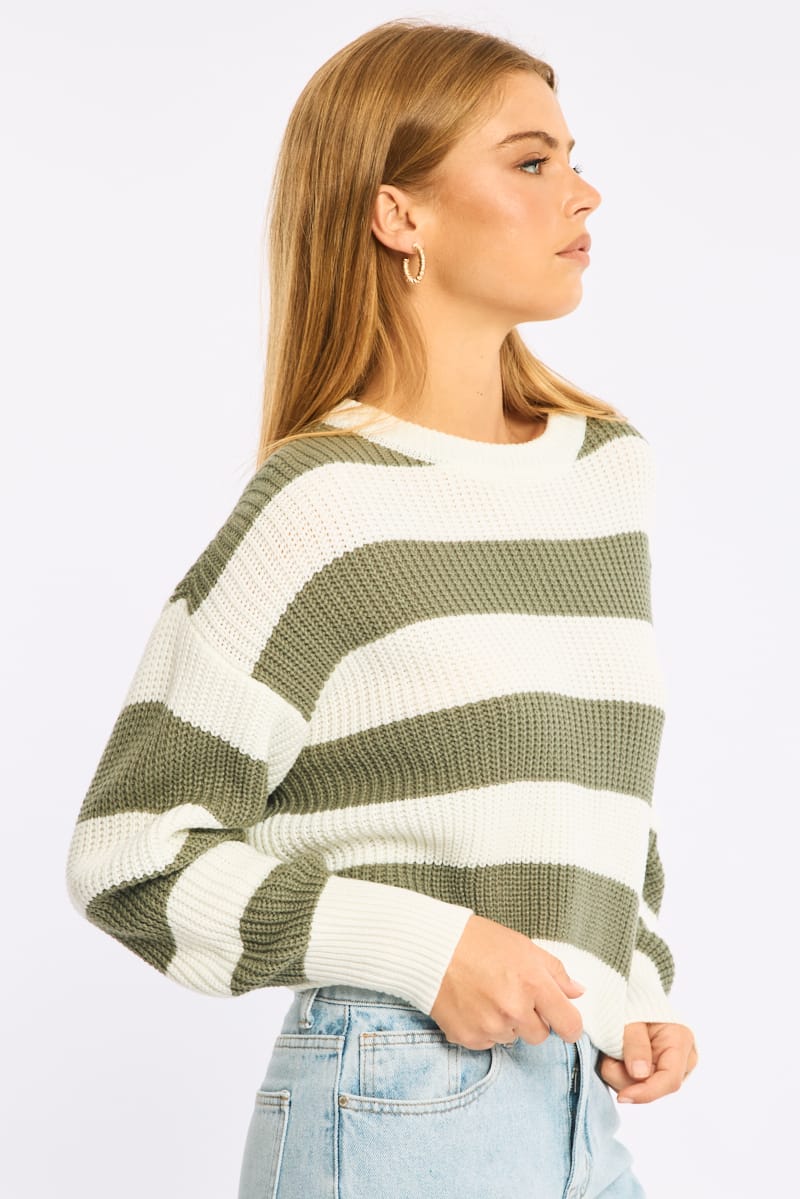 Ally Fashion Green Stripe Knit Top Long Sleeve Color Block - Image 3
