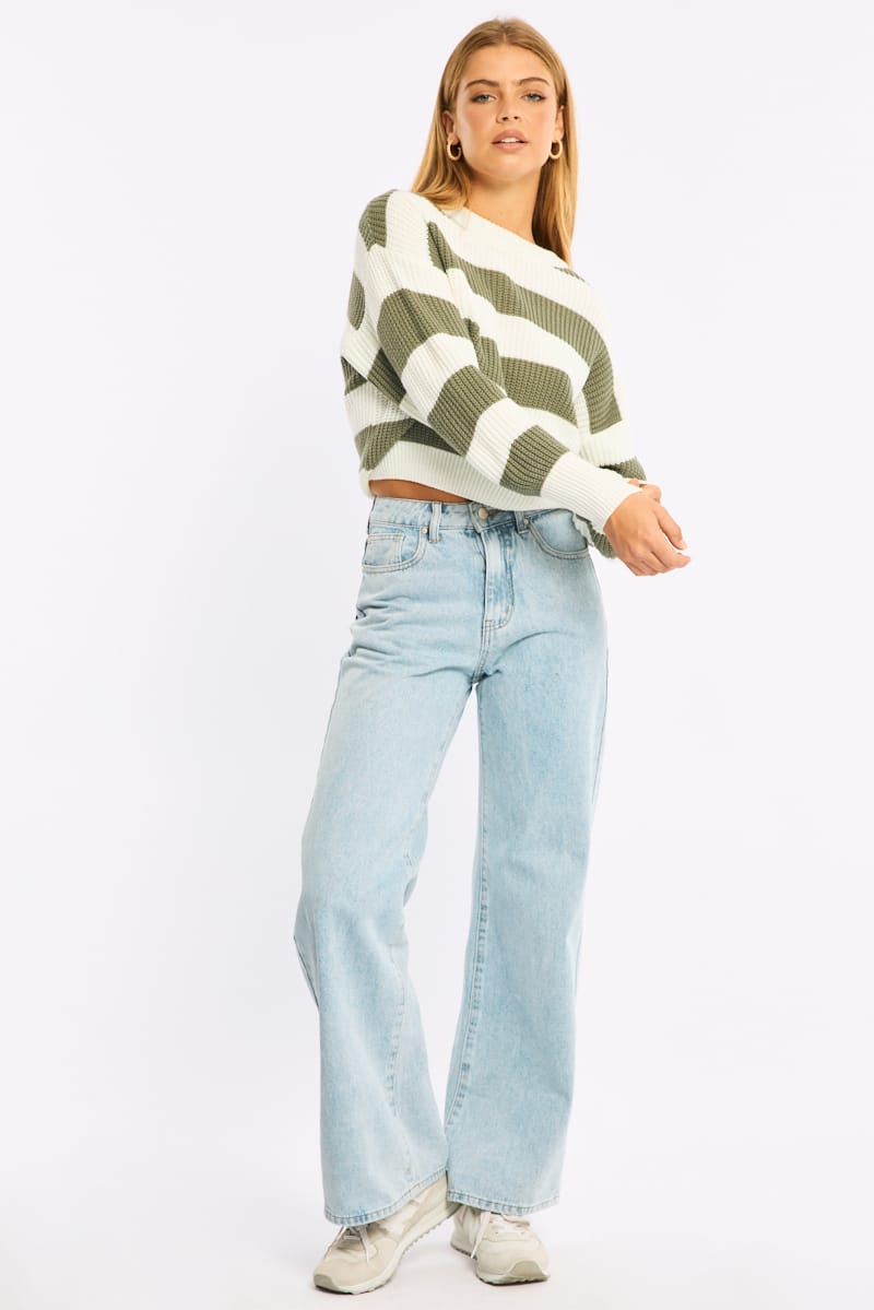 Ally Fashion Green Stripe Knit Top Long Sleeve Color Block - Image 2