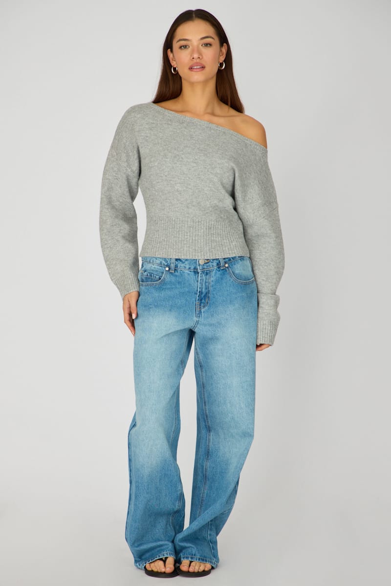 Ally Fashion Grey Knit Top Off Shoulder Long Sleeve - Image 2