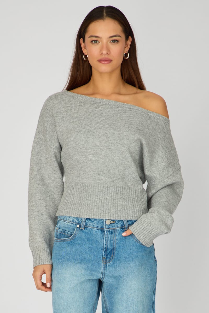 Ally Fashion Grey Knit Top Off Shoulder Long Sleeve - Image 3