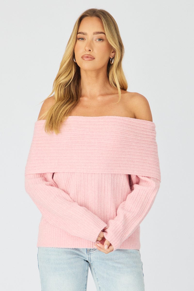 Ally Fashion Pink Fold Down Bardot Knit Top Long Sleeve - Image 3
