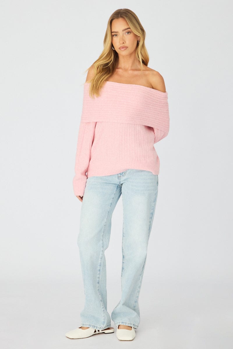 Ally Fashion Pink Fold Down Bardot Knit Top Long Sleeve - Image 2