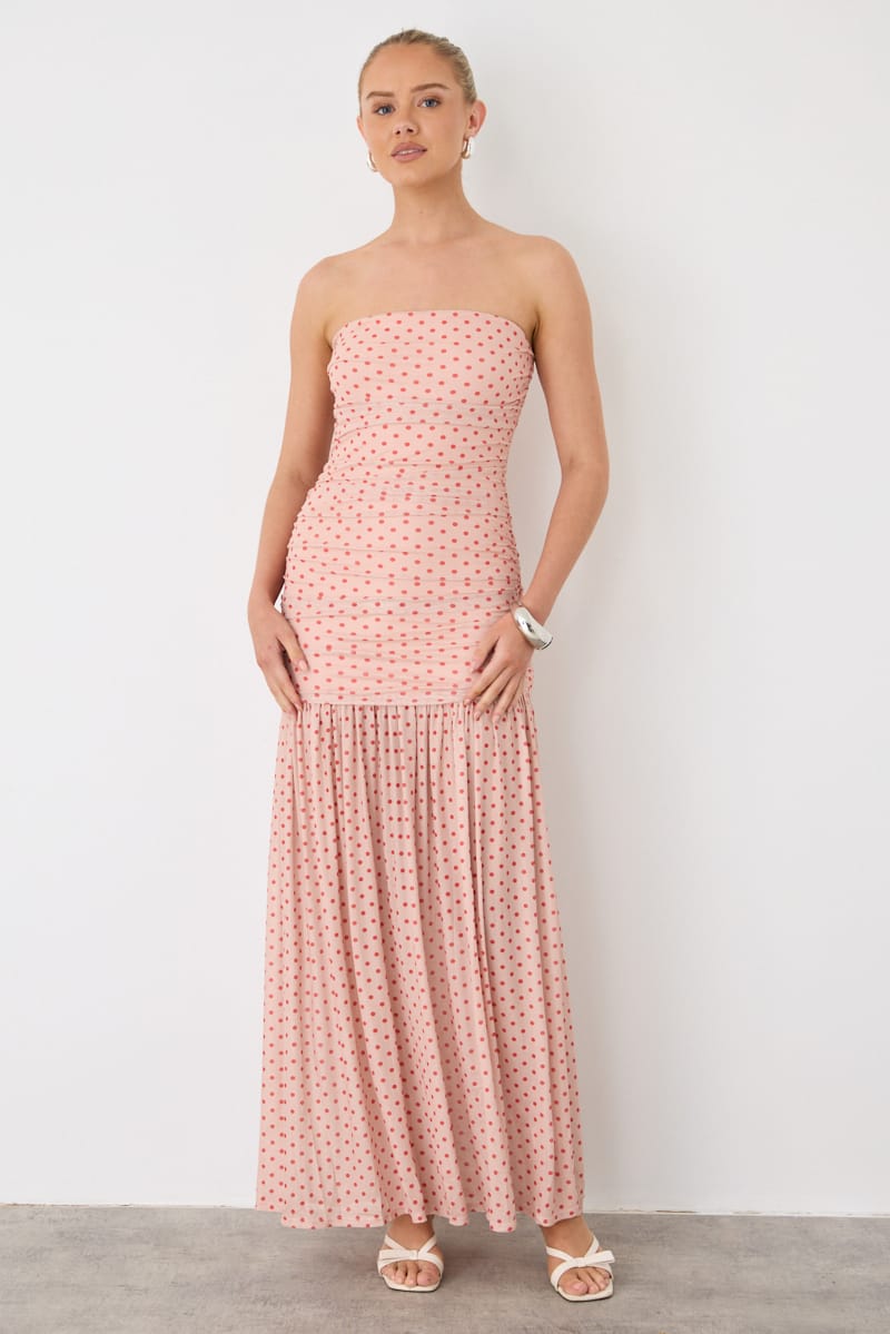 Ally Fashion Pink Polka Dot Strapless Bodycon Maxi Dress - Image 3
