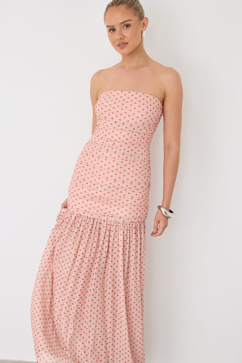 Ally Fashion Pink Polka Dot Strapless Bodycon Maxi Dress - Image 2