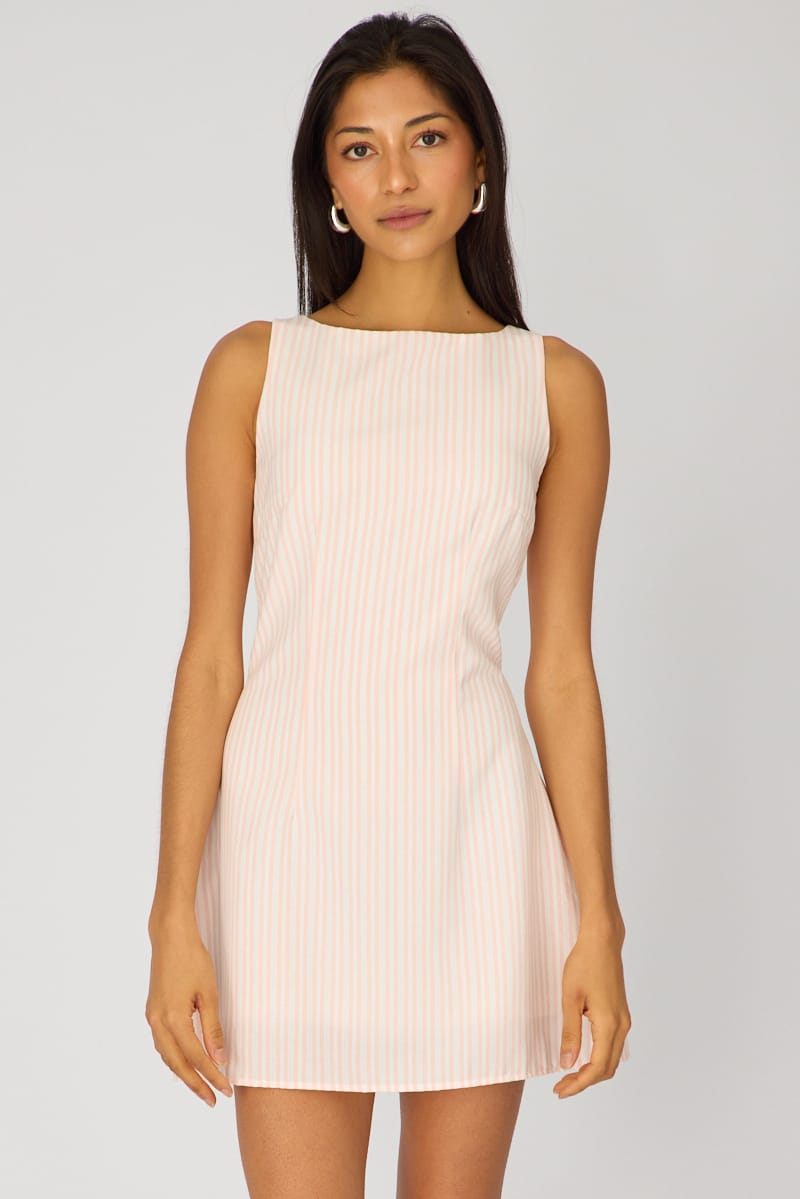 Ally Fashion Pink Stripe Mini Dress Boat Neck - Image 3