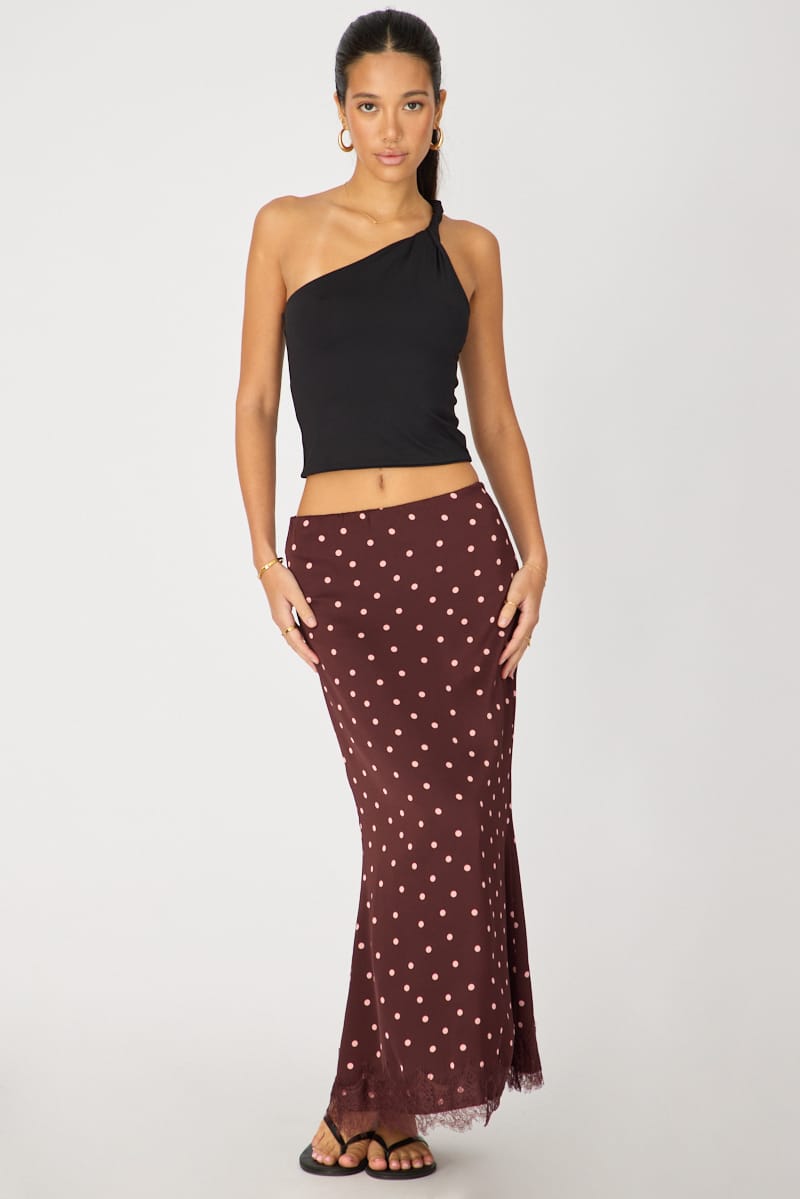 Ally Fashion Red Polka Dot Satin Midaxi Skirt Elastic Waist Bias Cut Lined - Image 3