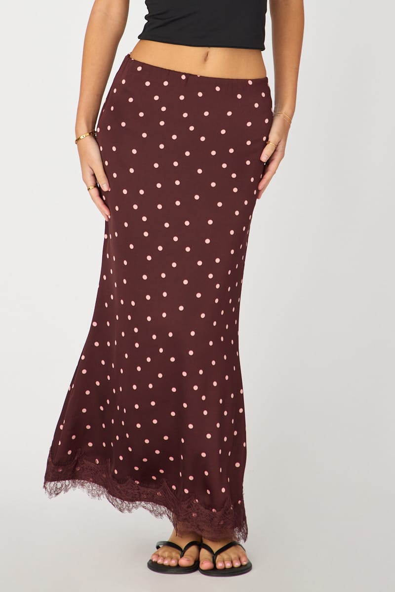 Ally Fashion Red Polka Dot Satin Midaxi Skirt Elastic Waist Bias Cut Lined - Image 2