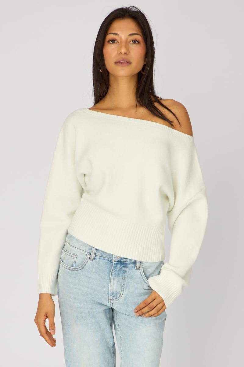Ally Fashion White Knit Top Off Shoulder Long Sleeve - Image 3