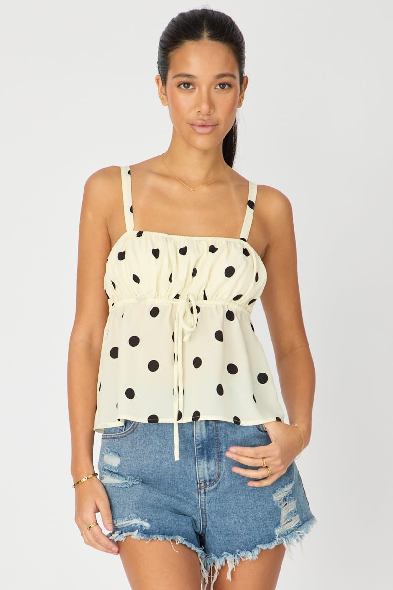 Ally Fashion White Polka Dot Cami Top Sleeveless Front Tie Babydoll - Image 3