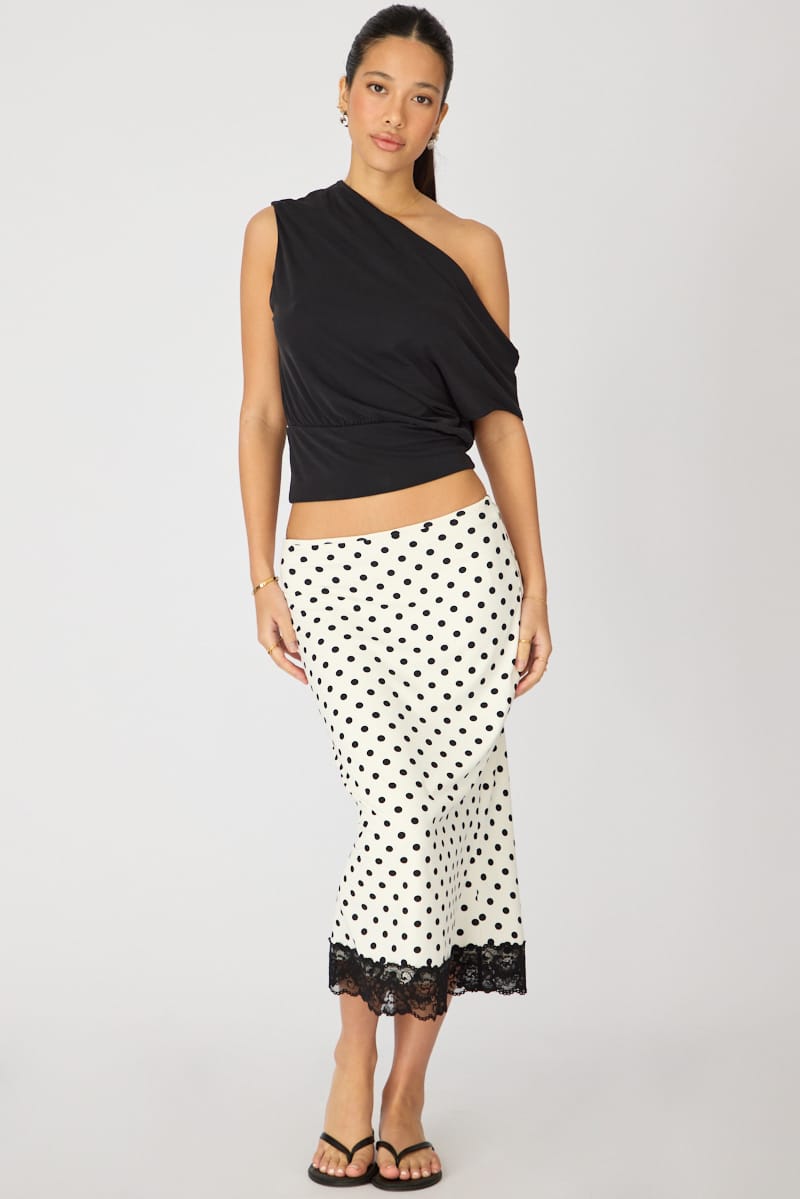 Ally Fashion White Polka Dot Midi Lace Skirt Mid Waisted Calf Length Supersoft - Image 3