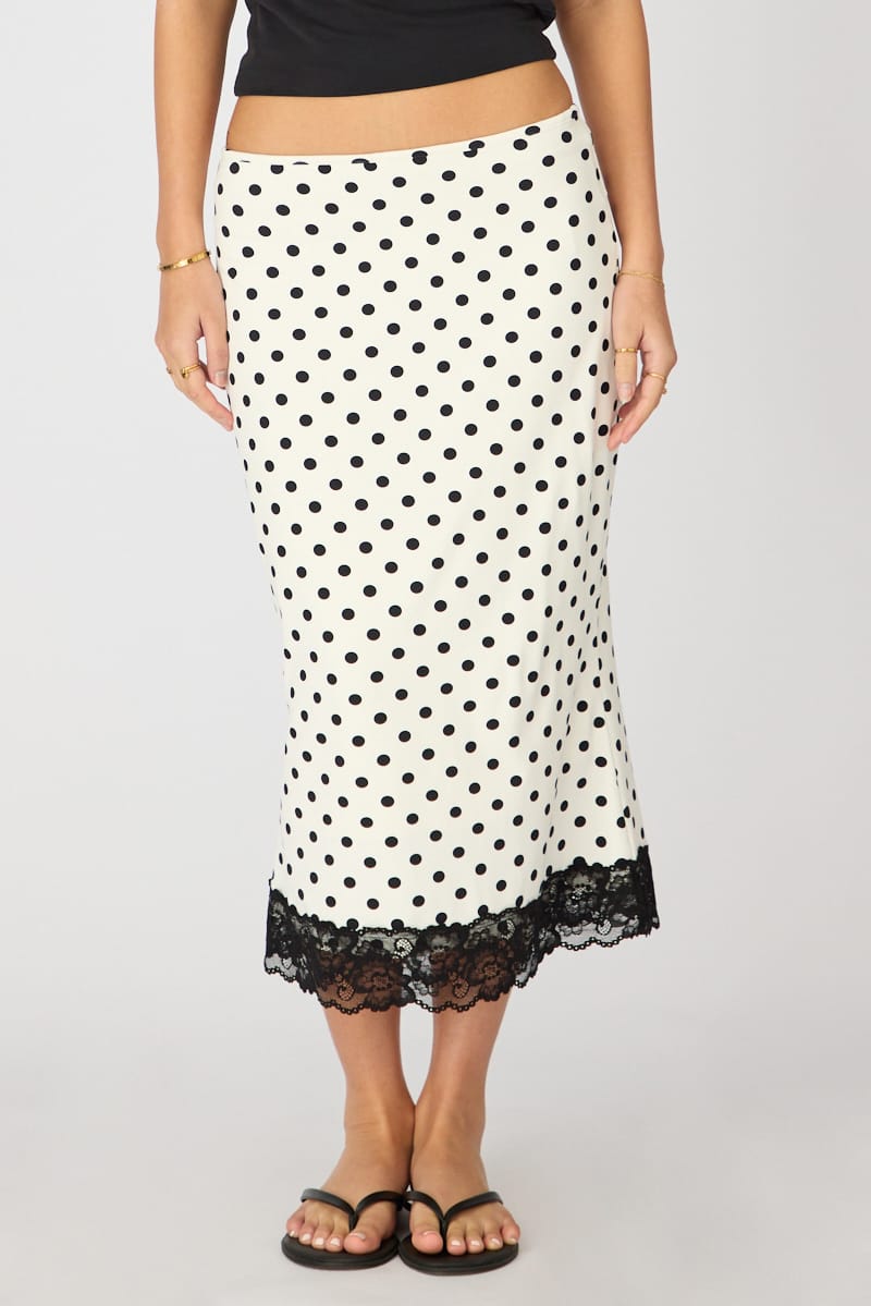 Ally Fashion White Polka Dot Midi Lace Skirt Mid Waisted Calf Length Supersoft - Image 2
