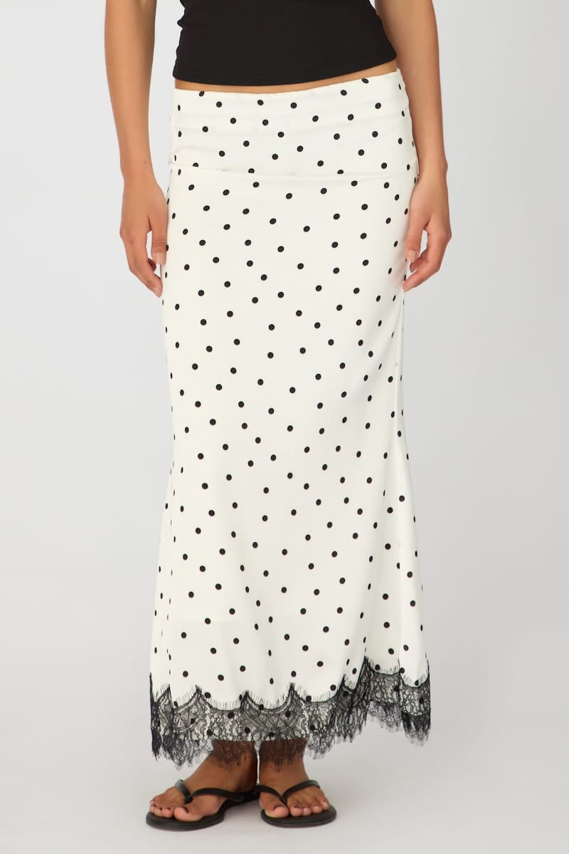 Ally Fashion White Polka Dot Satin Midaxi Skirt Elastic Waist Bias Cut Lined - Image 3