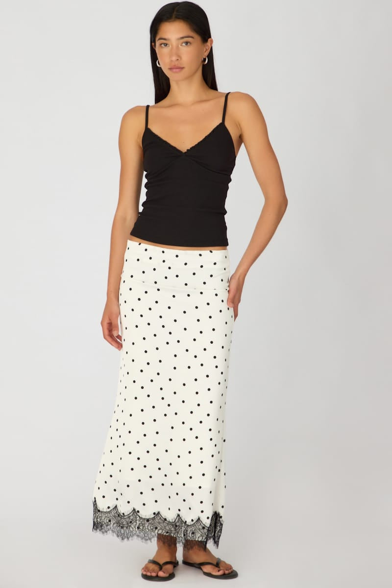 Ally Fashion White Polka Dot Satin Midaxi Skirt Elastic Waist Bias Cut Lined - Image 2