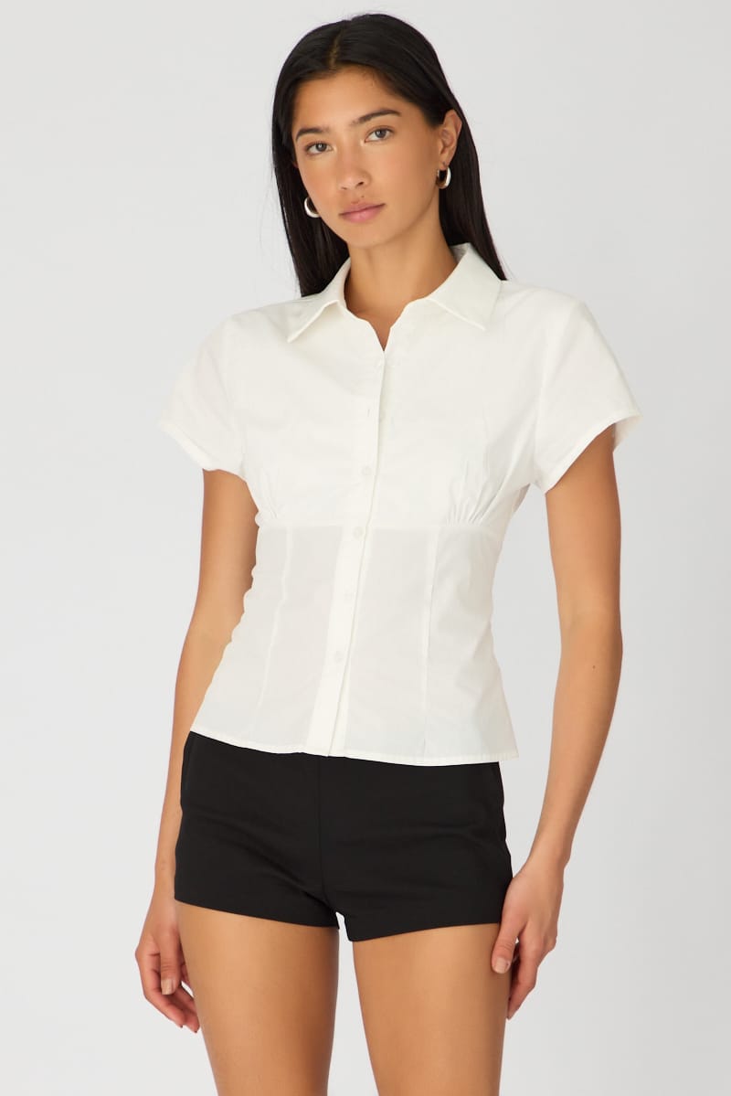 Ally Fashion White Short Sleeve Shirt Collared Button Up Textured - Image 3