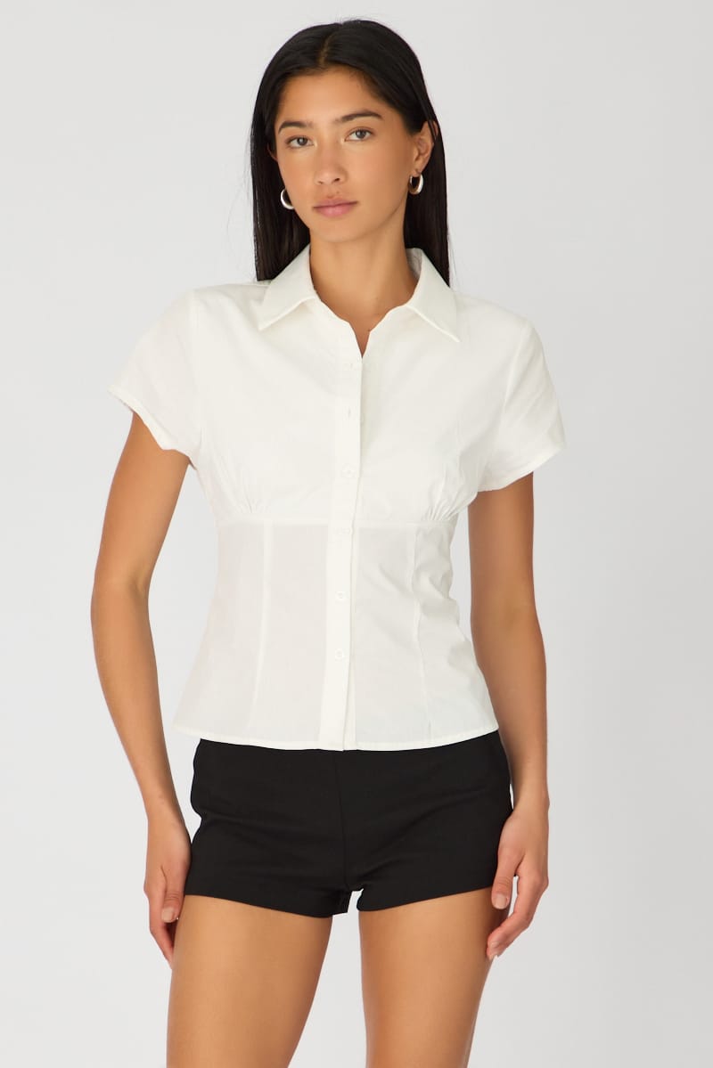 Ally Fashion White Short Sleeve Shirt Collared Button Up Textured - Image 2