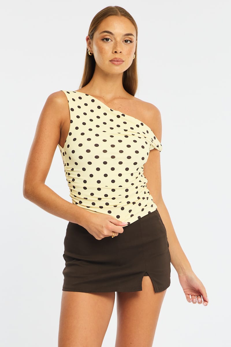 Ally Fashion Yellow Polka Dot One Shoulder Twist Top - Image 2