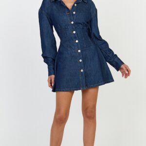 Showpo Amaris Mini Dress - Long Sleeve Corset Shirt Dress in Dark Blue Wash Amaris Mini Dress - Long Sleeve Corset Shirt Dress in Dark Blue Wash
