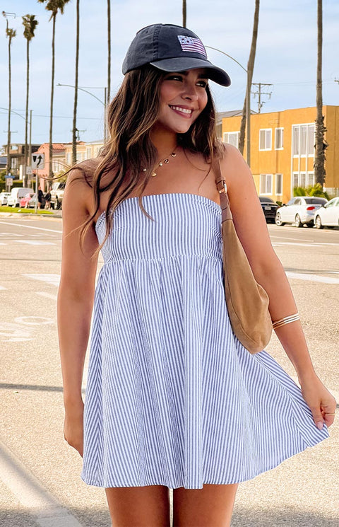 BB Exclusive Anderson Blue Stripe Strapless Mini Dress