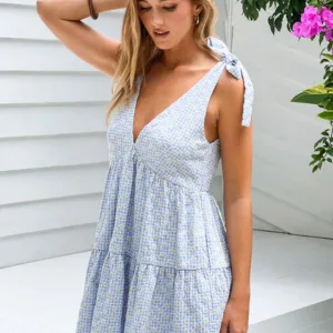 BB Exclusive Angel Girl Blue Gingham Floral Mini Dress Angel Girl Blue Gingham Floral Mini Dress