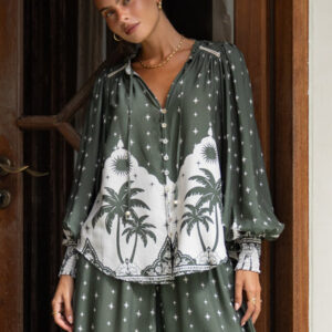 Arletta Green Tropical Balloon Sleeve Blouse