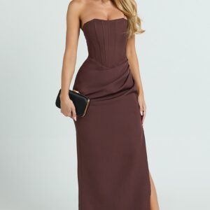 Showpo Avery Midi Dress - Strapless Draped Side Split Dress in Chocolate Avery Midi Dress - Strapless Draped Side Split Dress in Chocolate