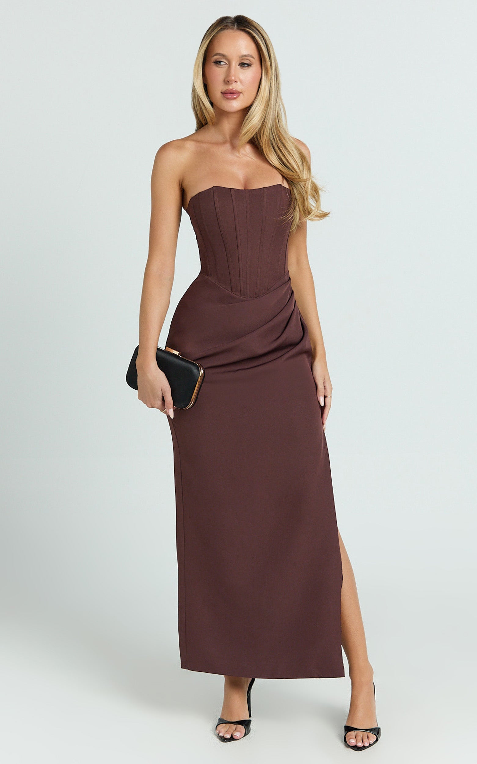Showpo Avery Midi Dress - Strapless Draped Side Split Dress in Chocolate
