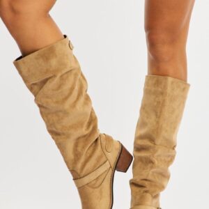 Beige Buckle Detail Cowboy Boots