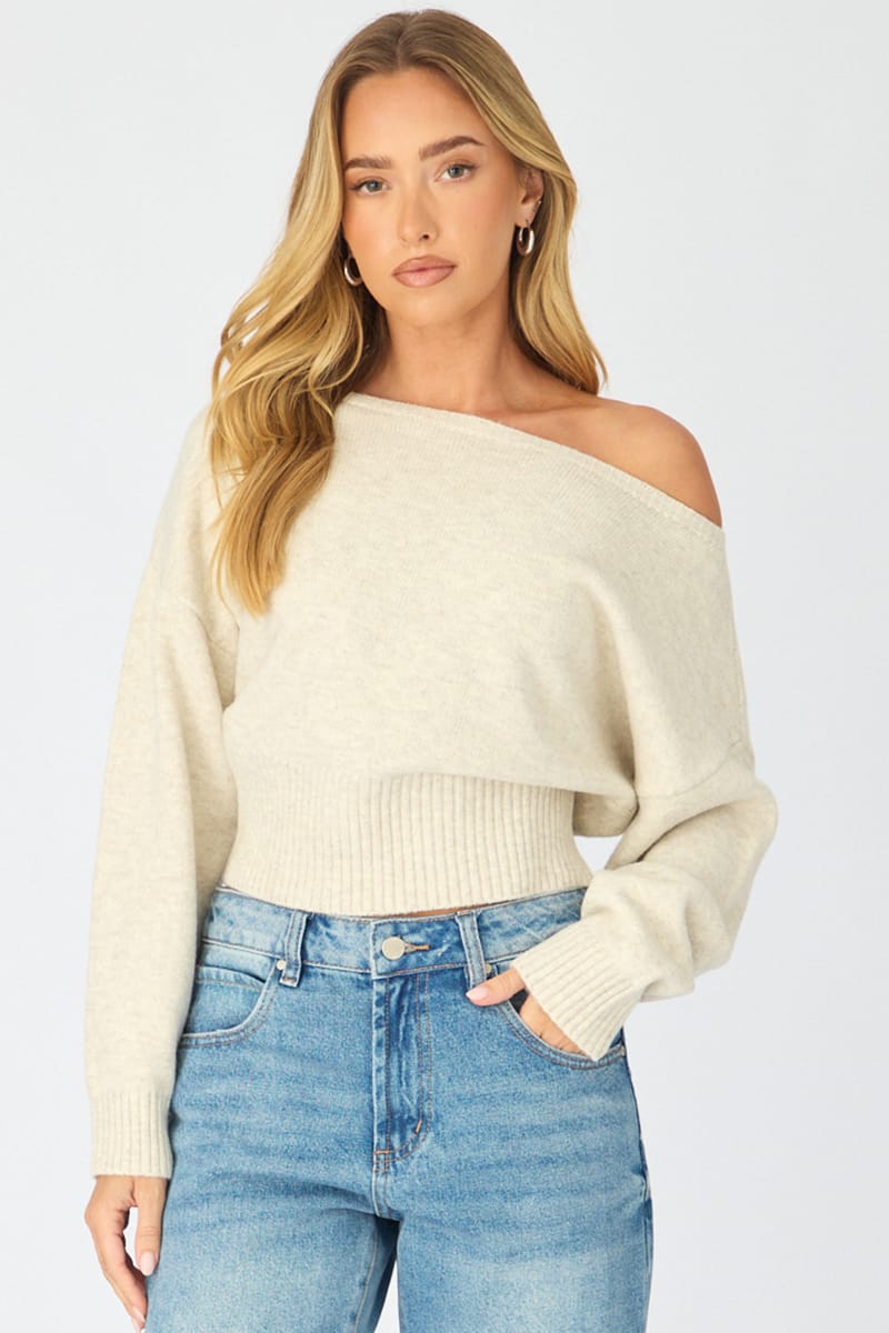 Ally Fashion Beige Knit Top Off Shoulder Long Sleeve