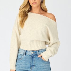 Beige Knit Top Off Shoulder Long Sleeve