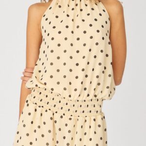 Beige Polka Dot High Neck Dress Mini Chiffon