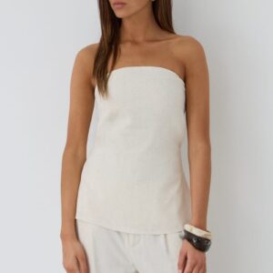 Ally Fashion Beige Strapless Top Linen Blend Side Splits Beige Strapless Top Linen Blend Side Splits