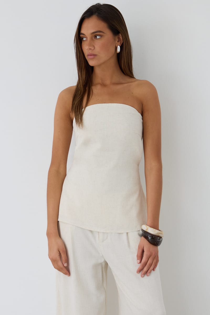 Ally Fashion Beige Strapless Top Linen Blend Side Splits