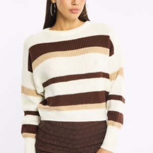 Beige Stripe Knit Top Long Sleeve Color Block
