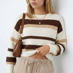 Ally Fashion Beige Stripe Knit Top Long Sleeve Color Block Beige Stripe Knit Top Long Sleeve Color Block