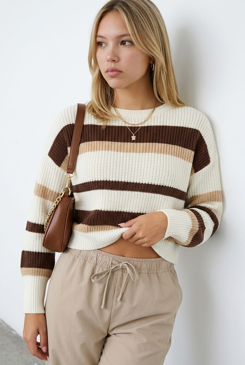 Ally Fashion Beige Stripe Knit Top Long Sleeve Color Block