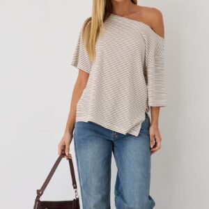 Ally Fashion Beige Stripe One Shoulder Top Beige Stripe One Shoulder Top