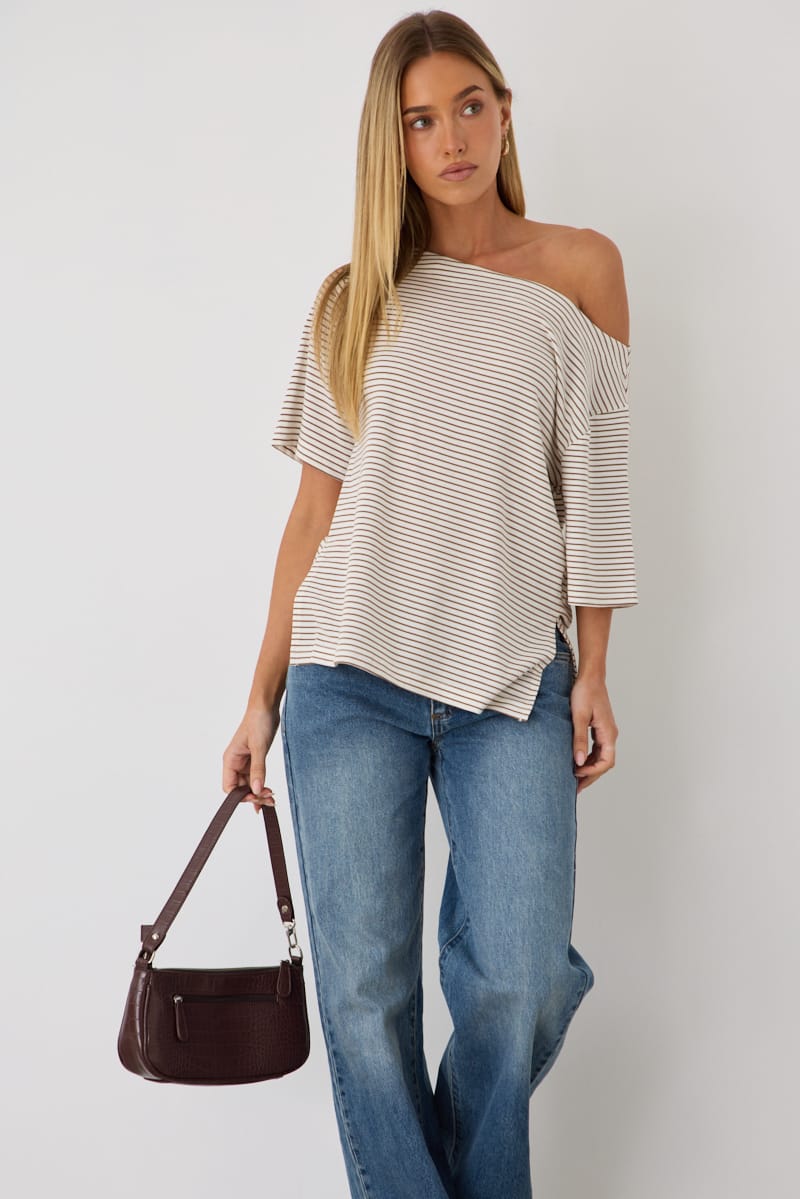 Ally Fashion Beige Stripe One Shoulder Top