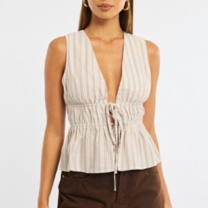 Beige Stripe Tie Up Vest Sleeveless