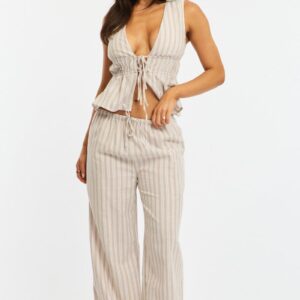 Beige Stripe Wide Leg Pants Elasticated Waist